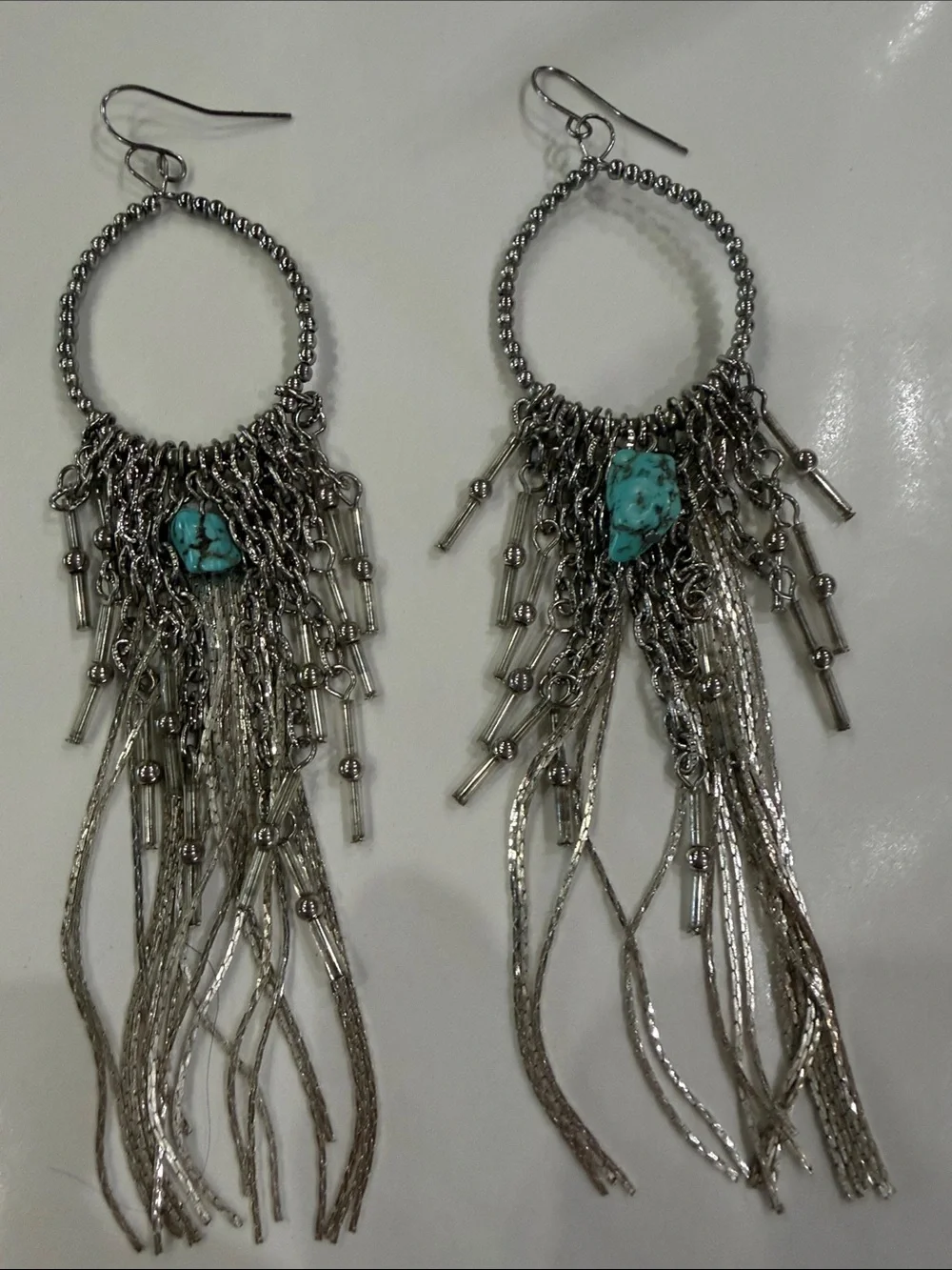 Silver Fringe Hoop Earrings with Turquoise Accent - Women Jewelry